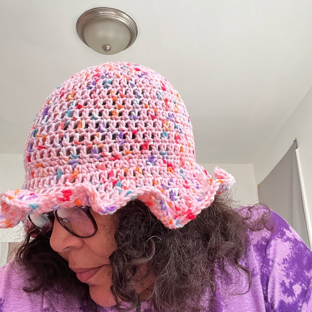 Pink Crocheted Hat with Ruffled Brim - Picture 2 of 3